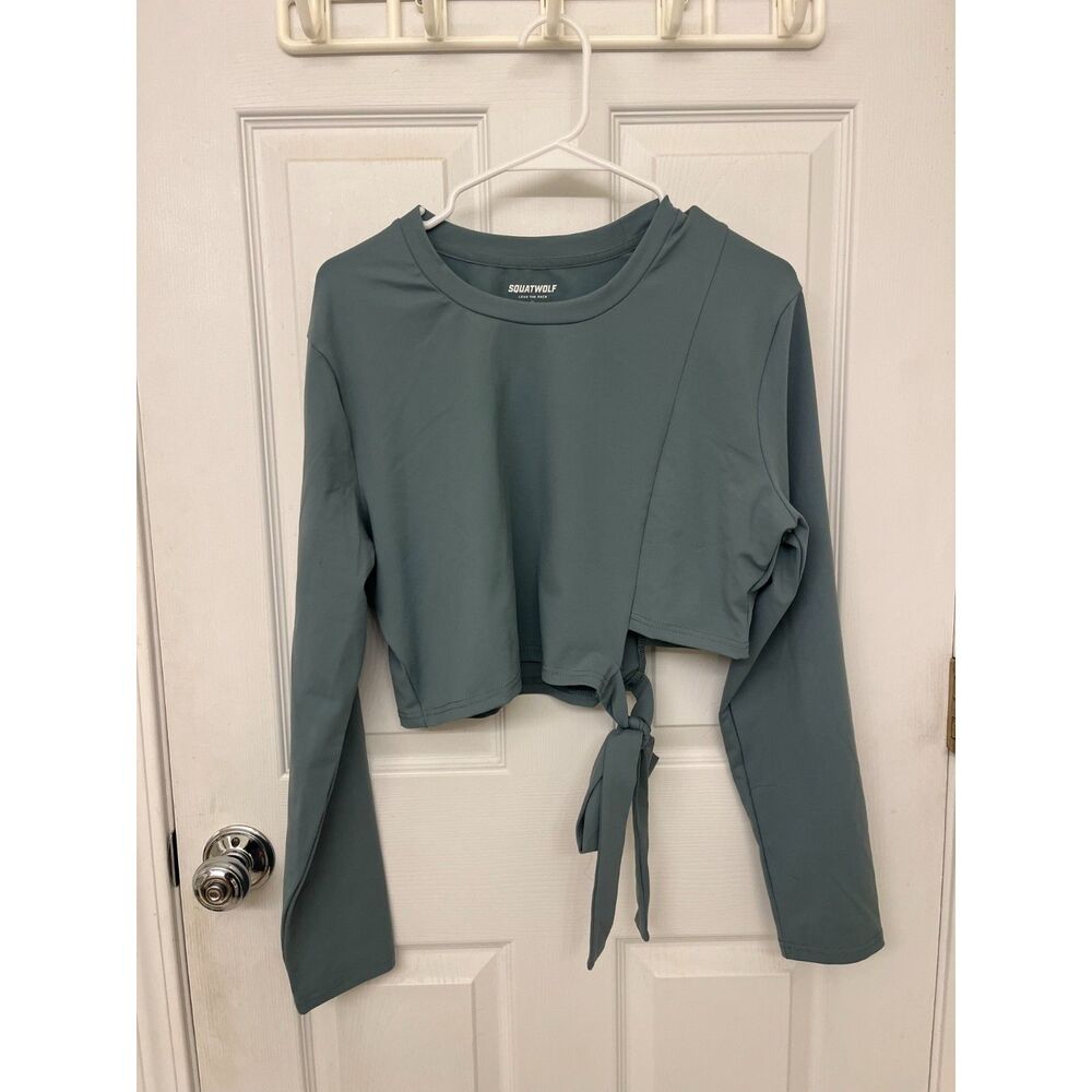 SQUATWOLF Blue Gray Tie Waist Crop Workout Top XL
